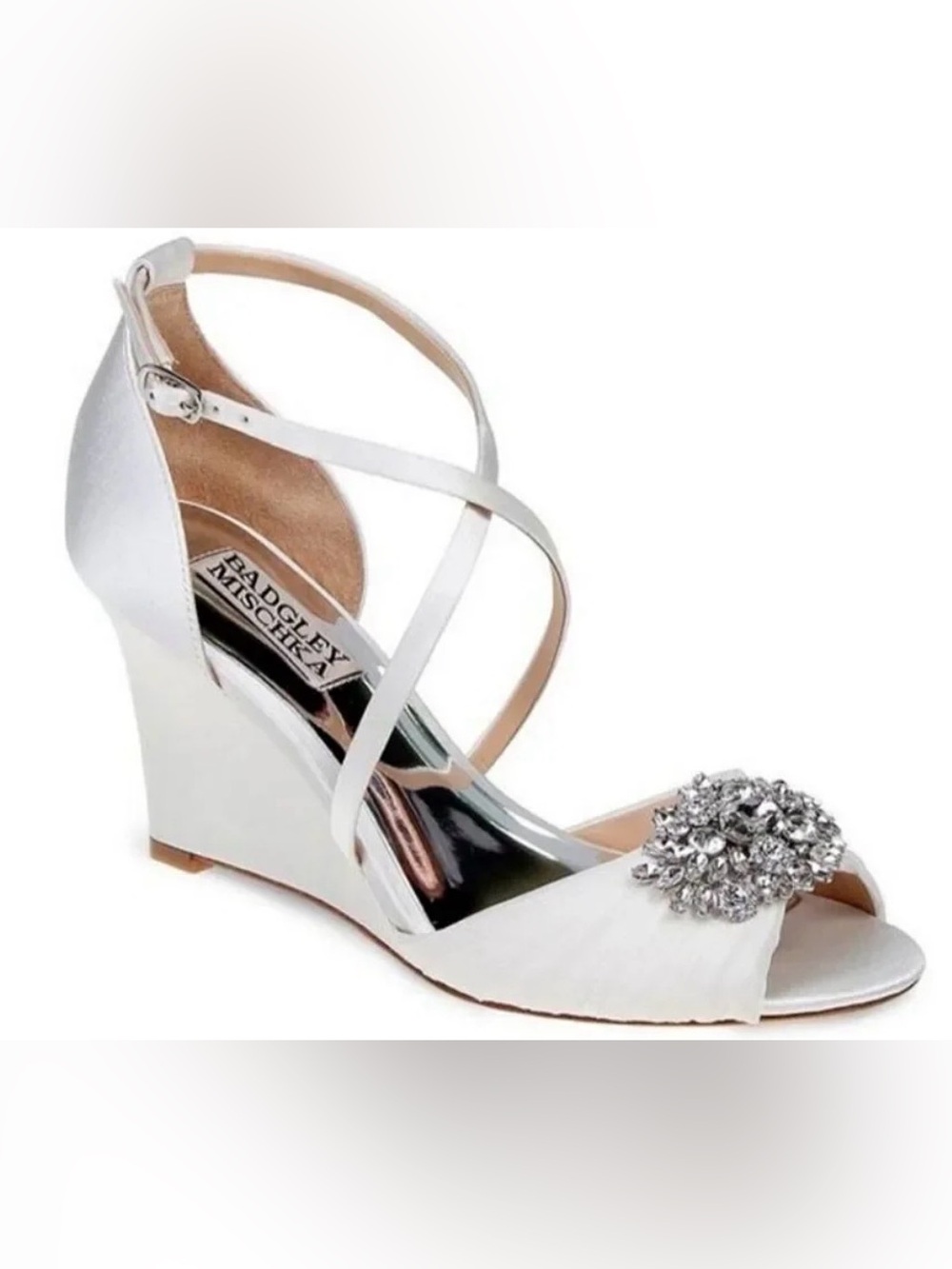 Badgley Mischka White Satin Crystal-Embellished Wedge Sandals